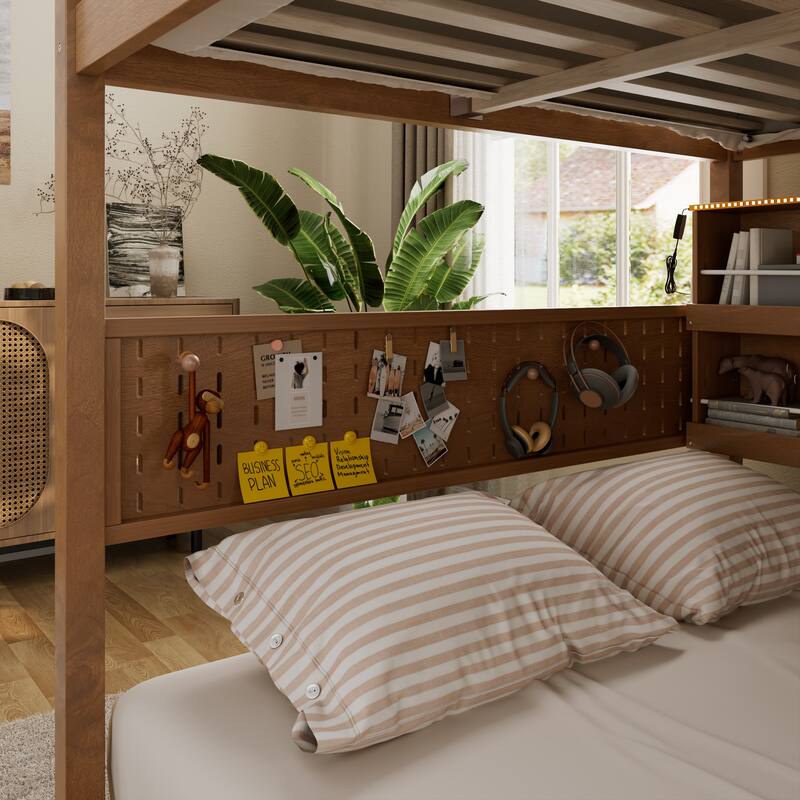 Wooden Full Over Full Bunk Bed Frame for Kids with Integrated Shelving, Light Strip, Pegboard, Full-Length Guardrails and Ladder