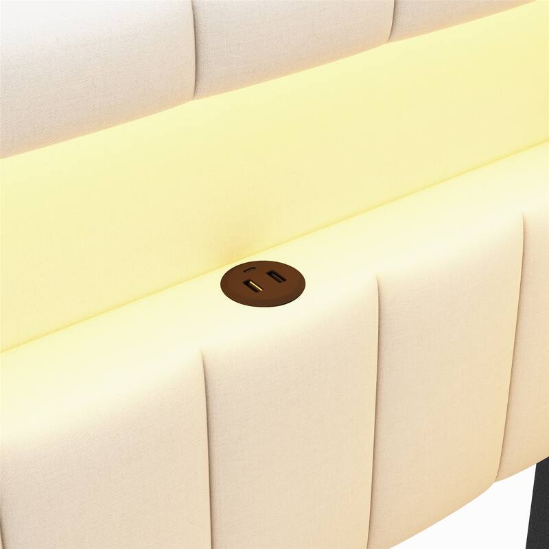 Platform Bed Linen Upholstered Daybed with L-shaped Headboard USB Ports and Light for Night's Sleep, Choose 2 Drawer or Trundle