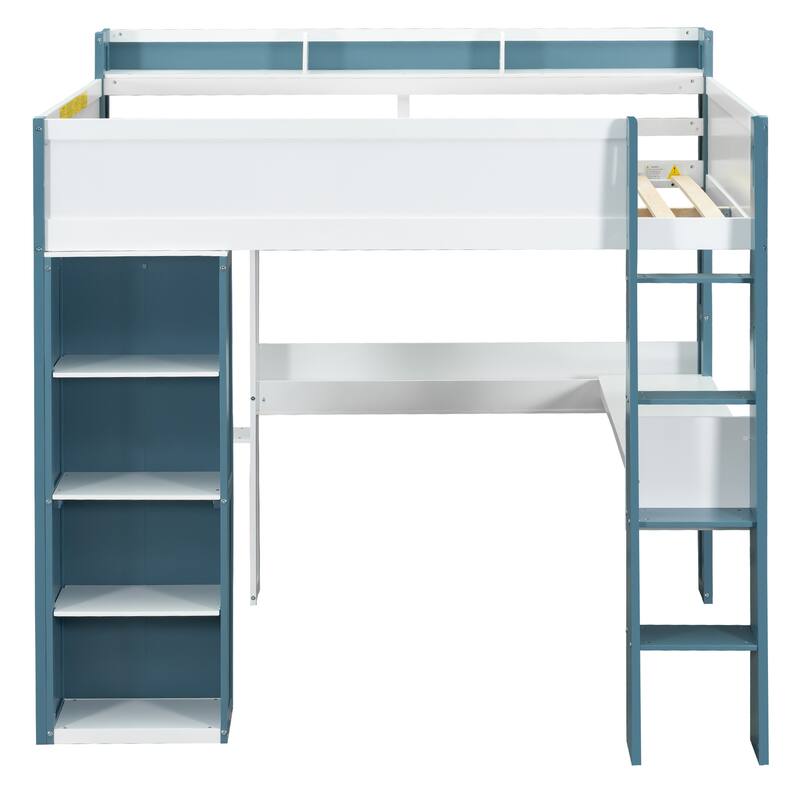 Full Size Wood Loft Bed with Storage, Desk, and Clothes Rail in White and Blue