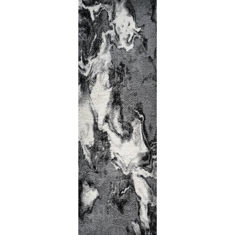 Noori Rug Lux Blake Abstract Modern 2-inch Thick Shag Rug - 2'6" x 8'0" - Grey/Black
