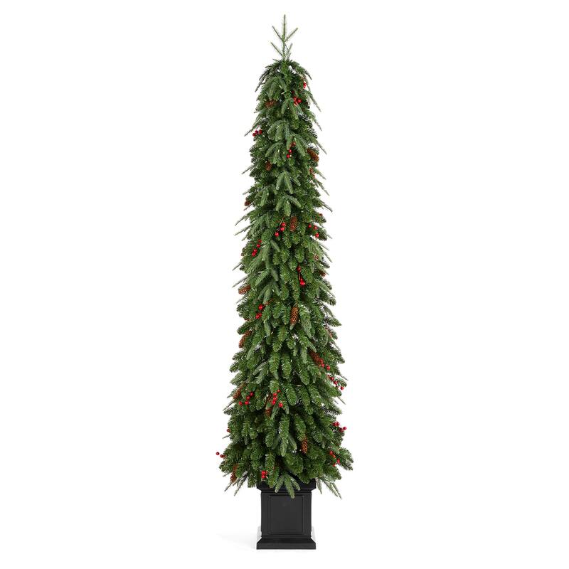 Glitzhome 4ft/6ft/7ft Pre-lit Green Artificial Christmas Porch Tree with Red Berries,Pinecones and 100 Warm White Lights