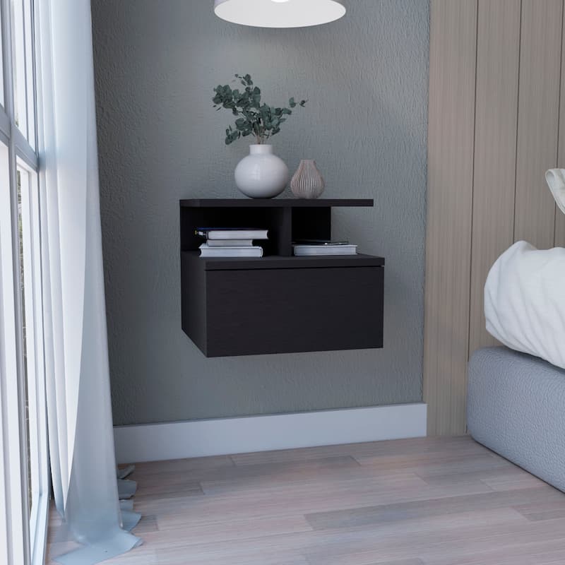 Floating Nightstand 12"H,Wall Mounted with Single Drawer and 2-Tier Shelf,for Bedroom,Closet,Entryway,College Dorm - Black