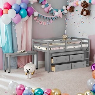 Functional Twin Size Wooden Loft Bed with Retractable Writing Desk and 4 Drawers, Solid Construction, Versatility galore, Grey