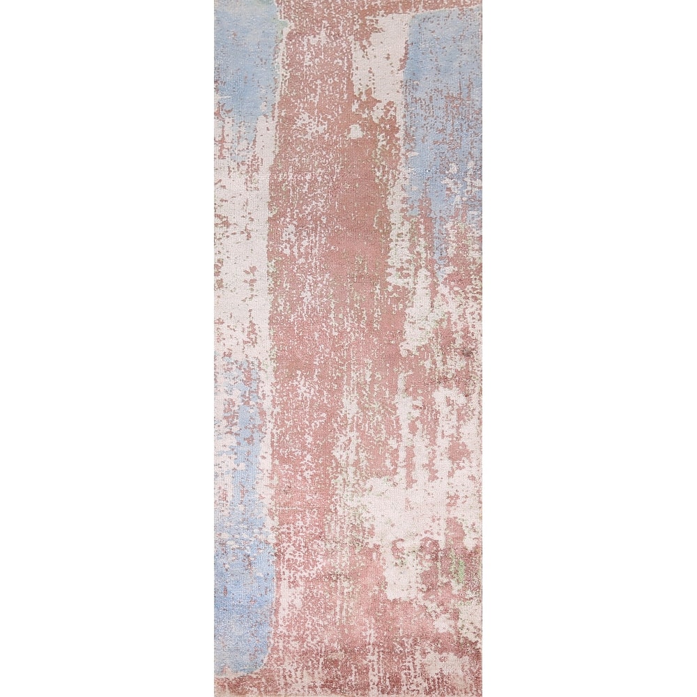 Hand Knotted Oriental 100% Wool Carpet Modern All-Over Multi-Colored Abstract Runner Rug - 8' 8'' X 2' 4''