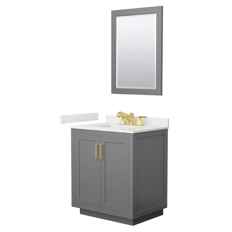 Miranda 30-inch Single Vanity, Quartz Top, 24-inch Mirror - Dark Gray, Gold Trim, White Quartz Top