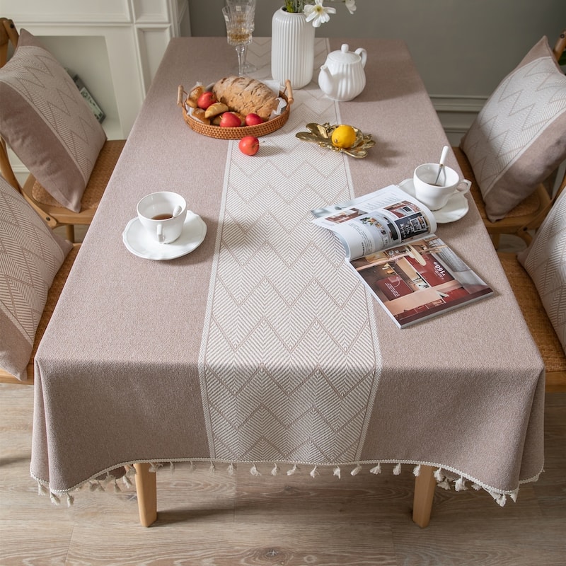 Enova Home High Quality Rectangle Cotton and Linen Tablecloth with Tassels (Brown)