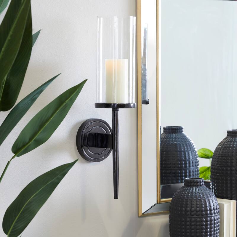 Aluminum Metal Single Candle Wall Sconce with Circle Backing - Silver, Gold, Black - Roche River Decor