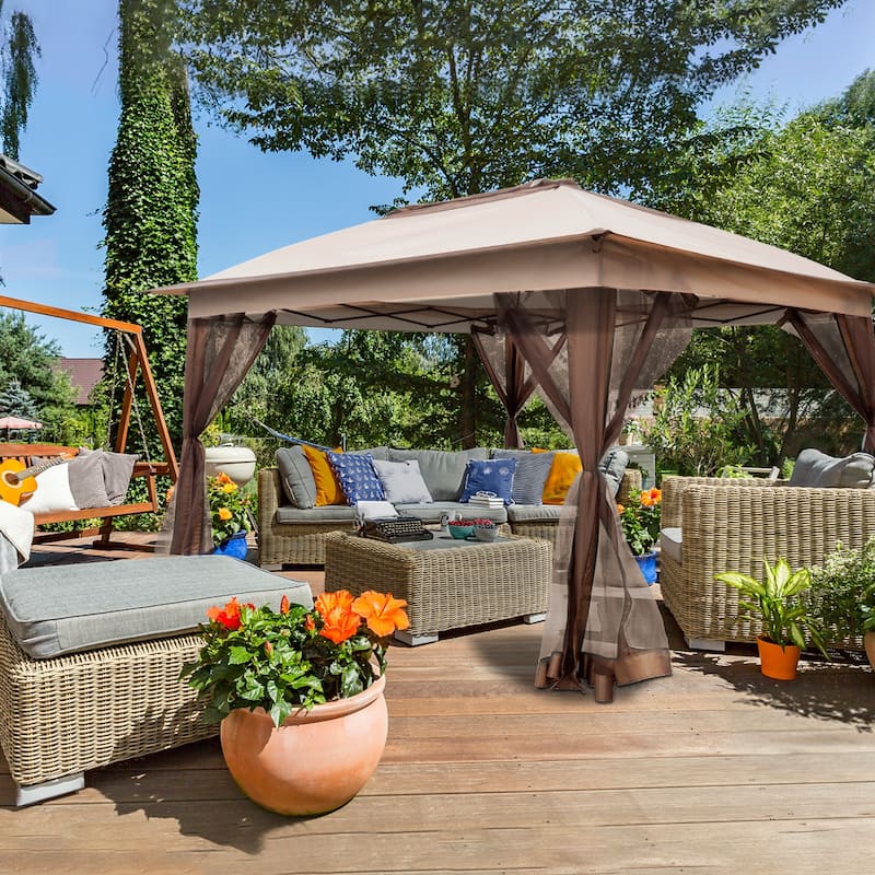 Cozywor 11 ft. x 11 ft. Pop-Up Steel Gazebo with Mosquito Netting - Beige