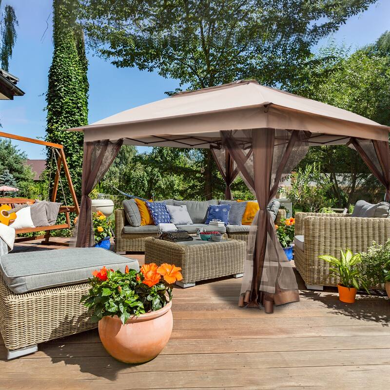 Cozywor 11 ft. x 11 ft. Steel Pop-Up Gazebo with Mosquito Netting - Beige