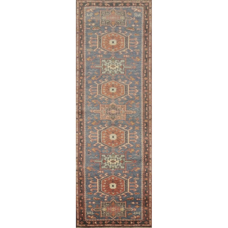 Hand Knotted Oriental 100% Wool Carpet Traditional Geometric Navy Blue & Blues Kazak Area Rug - 10' 1'' X 2' 6''