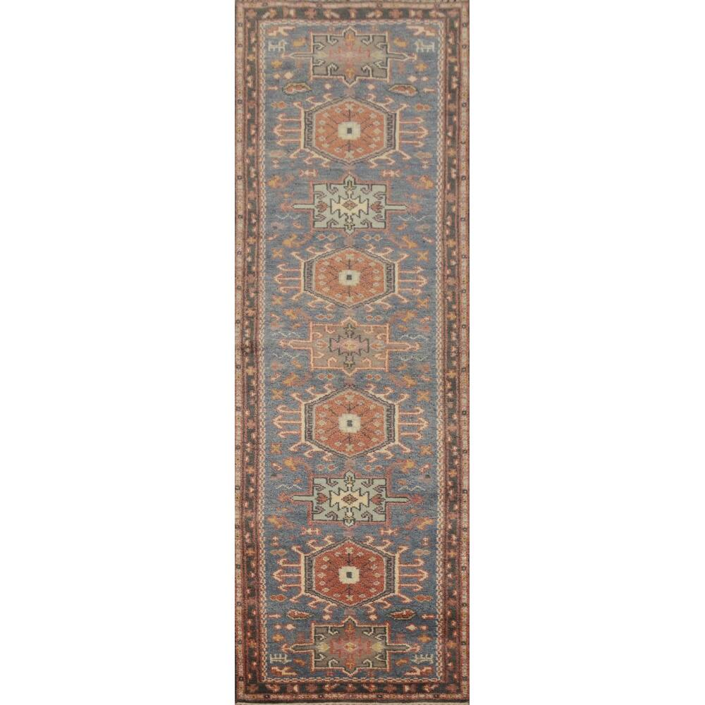Hand Knotted Oriental 100% Wool Carpet Traditional Geometric Navy Blue & Blues Kazak Area Rug - 10' 1'' X 2' 6''