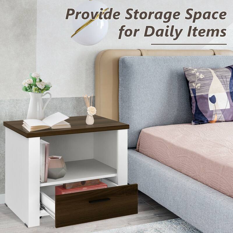 Gymax Accent Nightstand with Drawer and Open Shelf Sofa End Table