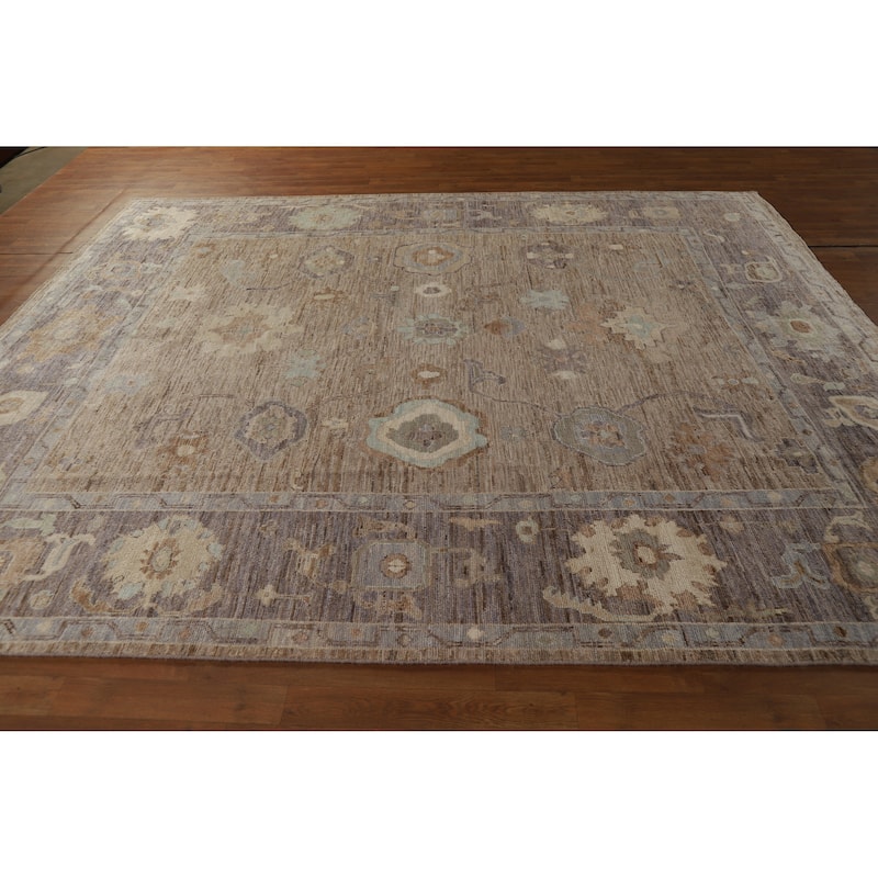 Hand Knotted Oriental 100% Wool Carpet Transitional All-Over Brown Oushak Area Rug - 9' 10'' X 8' 2''