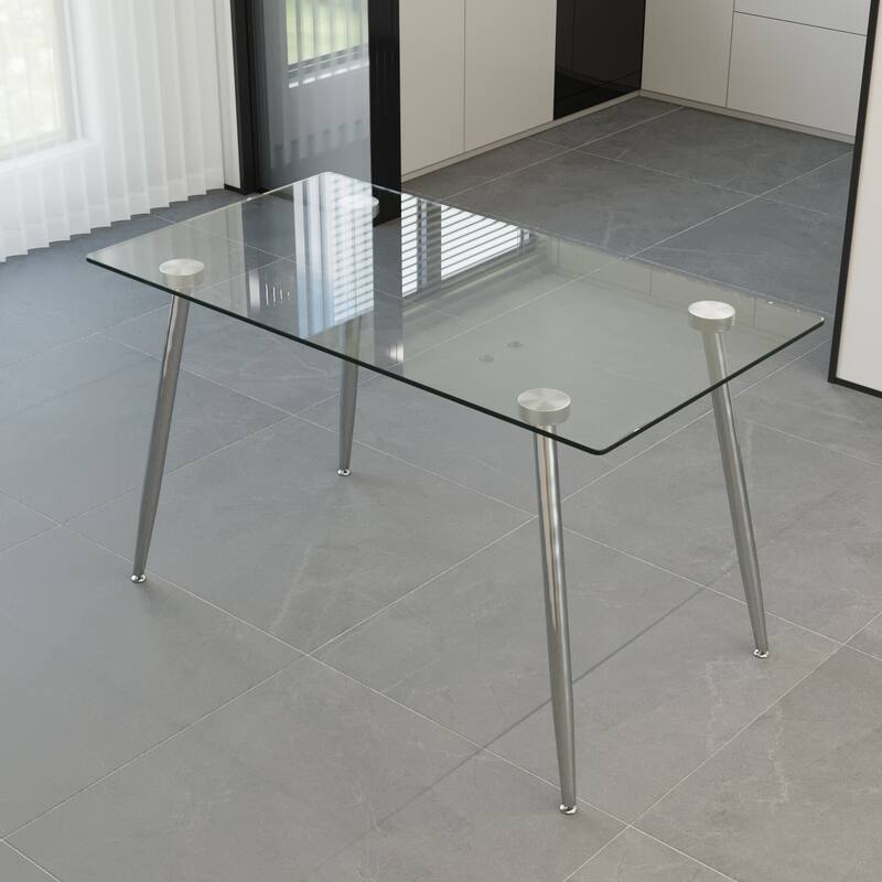 Glass Dining Table, Modern Rectangular Table with Tempered Glass Tabletop & Sliver metal Legs, Simplistic Kitchen Table