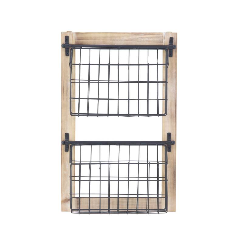 Black Metal 3 or 2 Slot Magazine Rack Holder with Wood Frame and Suspended Wire Baskets