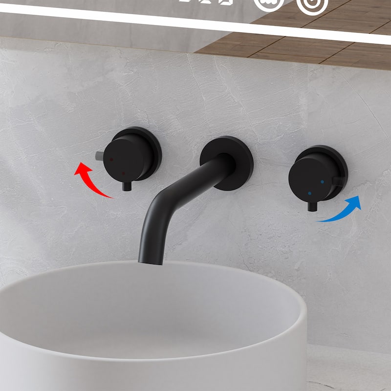 Matte Black Round Double Handle Wall-Mount Bathroom Basin Faucet