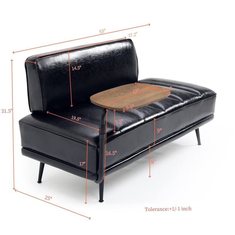 55"Inch Width Modern End of Bed Bench, Faux Leather Upholstered With side table, 360-degree Swivel tray couch