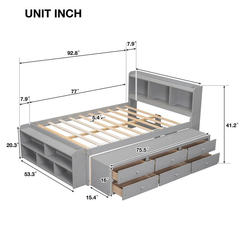 Full Bed with Bookcase Headboard Under bed Storage Drawers and Bed End Storage Case