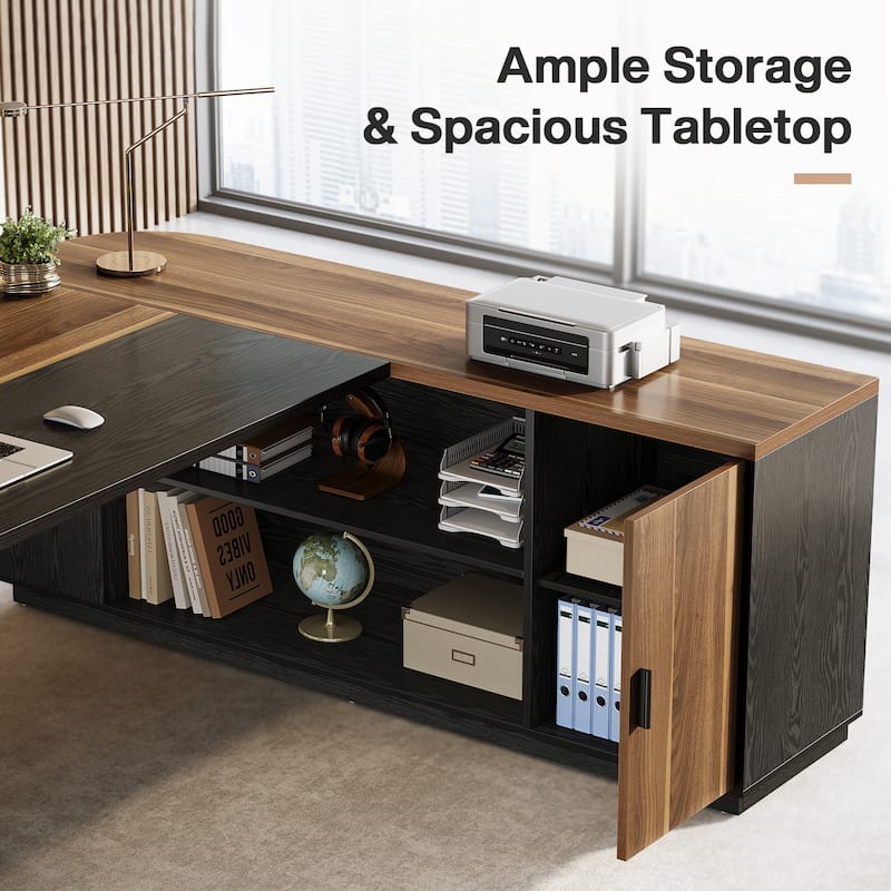 79 Inch Large Executive Office Desk with Cabinet, L-Shaped Desk with Storage Shelves, Wooden Corner Desk for Home Office