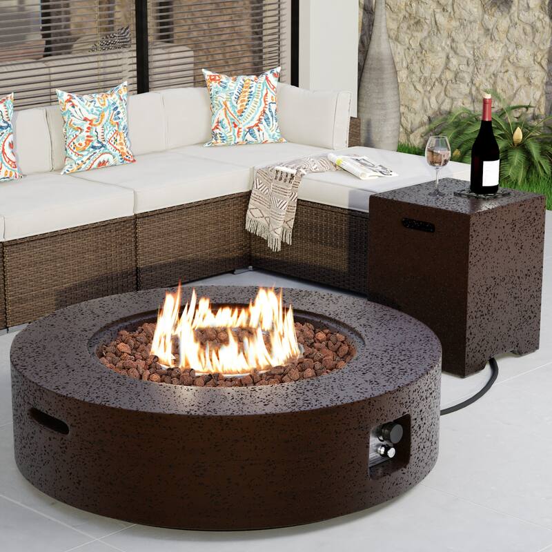 COSIEST Outdoor 41''Round Concrete Fire Pit Table with Tank - Brown