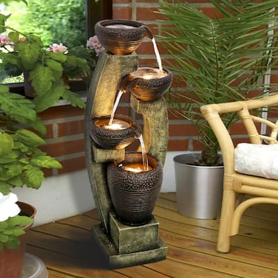 40'' H Outdoor Curved Water Fountain with Lights, 4-Tier Resin Fountain