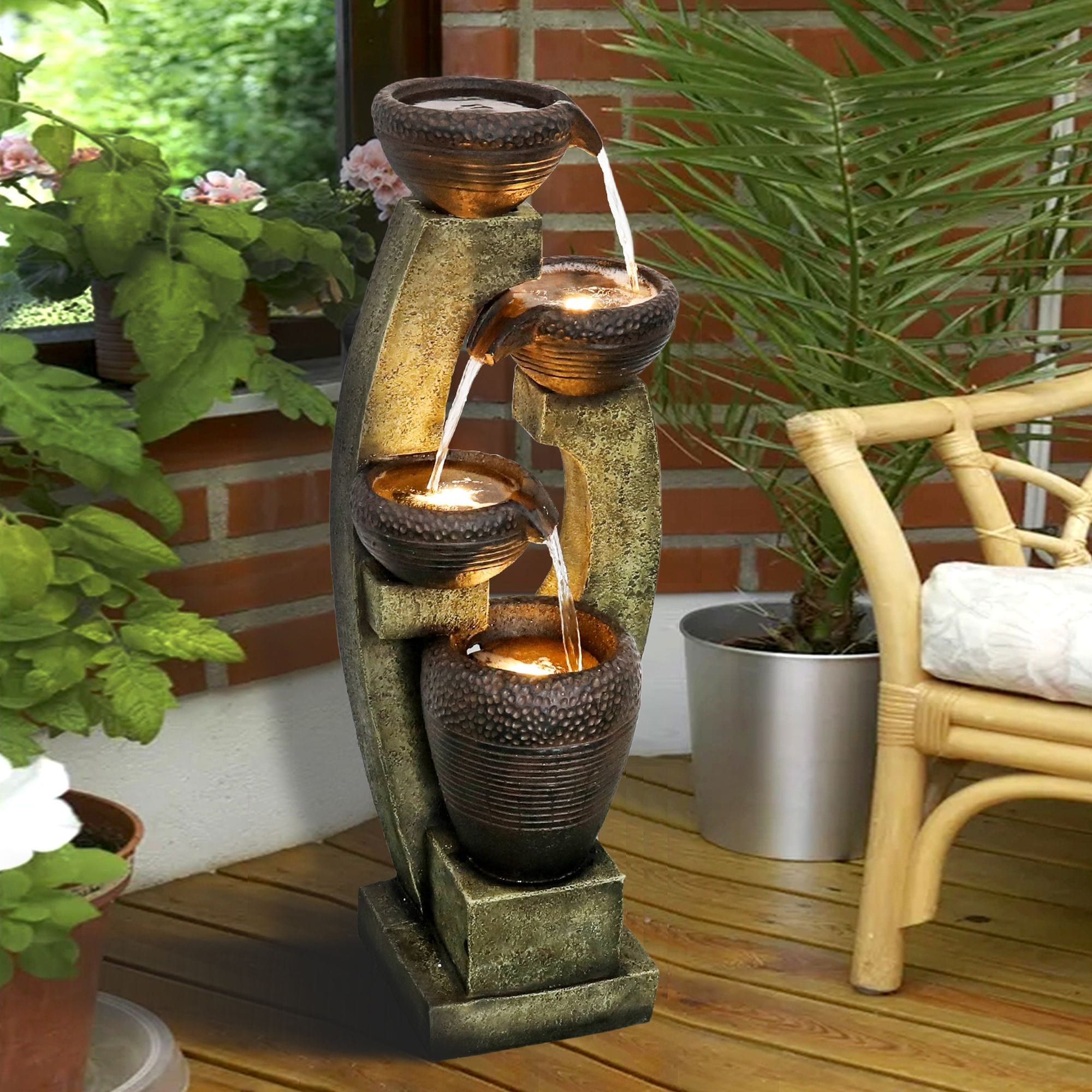 40'' H Outdoor Curved Water Fountain with Lights, 4-Tier Resin Fountain
