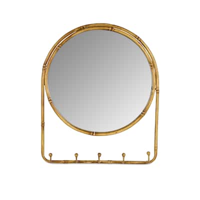 13.78 in H Bamboo Look Antique Brown Metal Wall Mirror with 5 Hooks