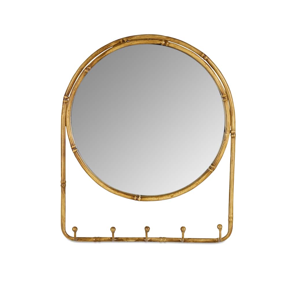 13.78 in H Bamboo Look Antique Brown Metal Wall Mirror with 5 Hooks