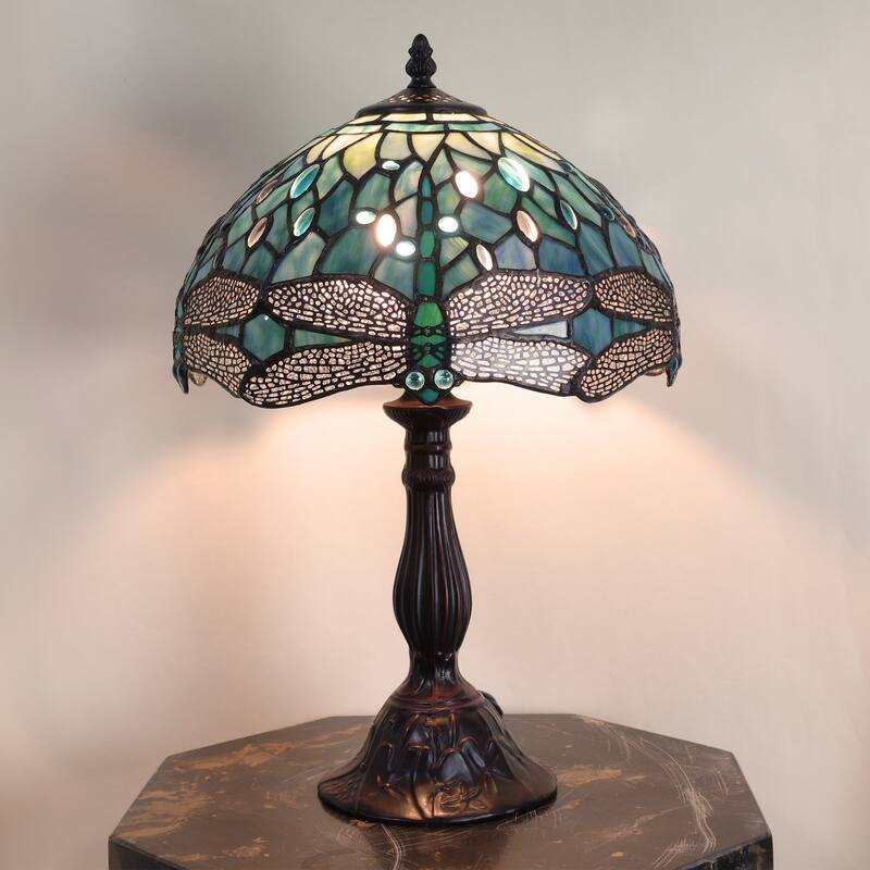 Tiffany Style Table Lamp Green Dragonfly with Metal Base