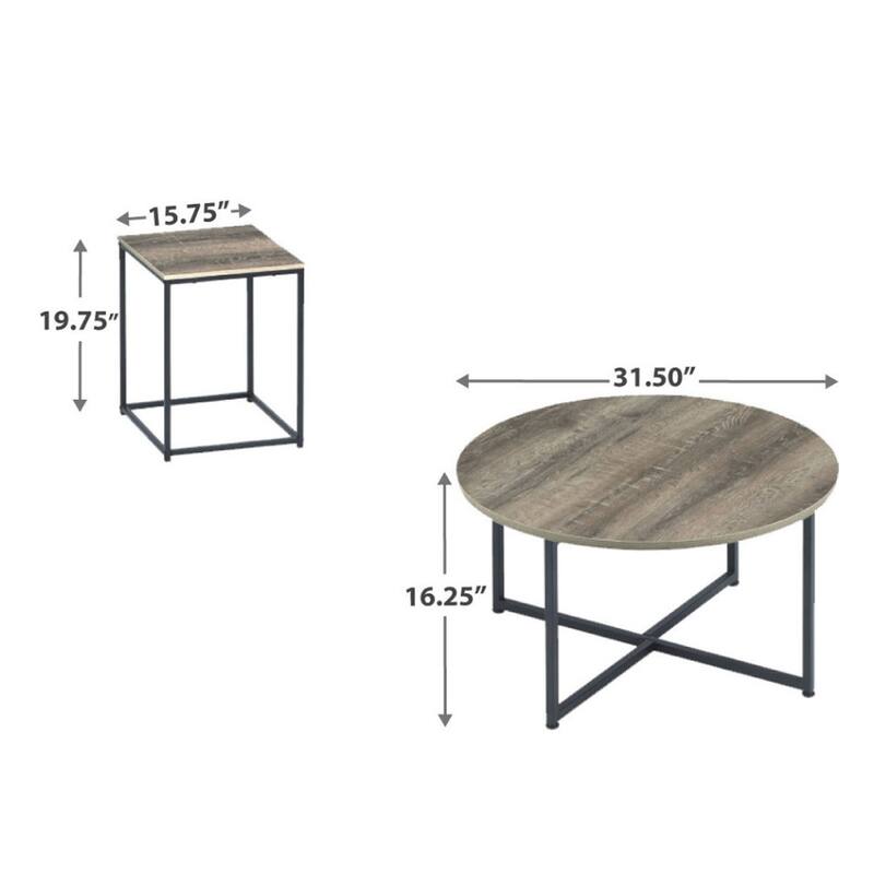 Wooden Table Set with Sturdy Metal Base, Set of Three, Gray and Brown - 16.13 H x 31.5 W x 31.5 L Inches