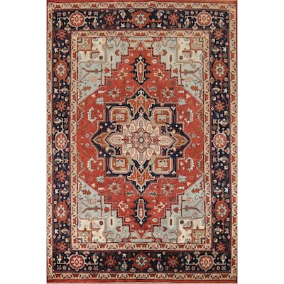 Geometric Heriz Serapi Indian Area Rug Handmade Orange Wool Carpet - 8'11"x 11'9"