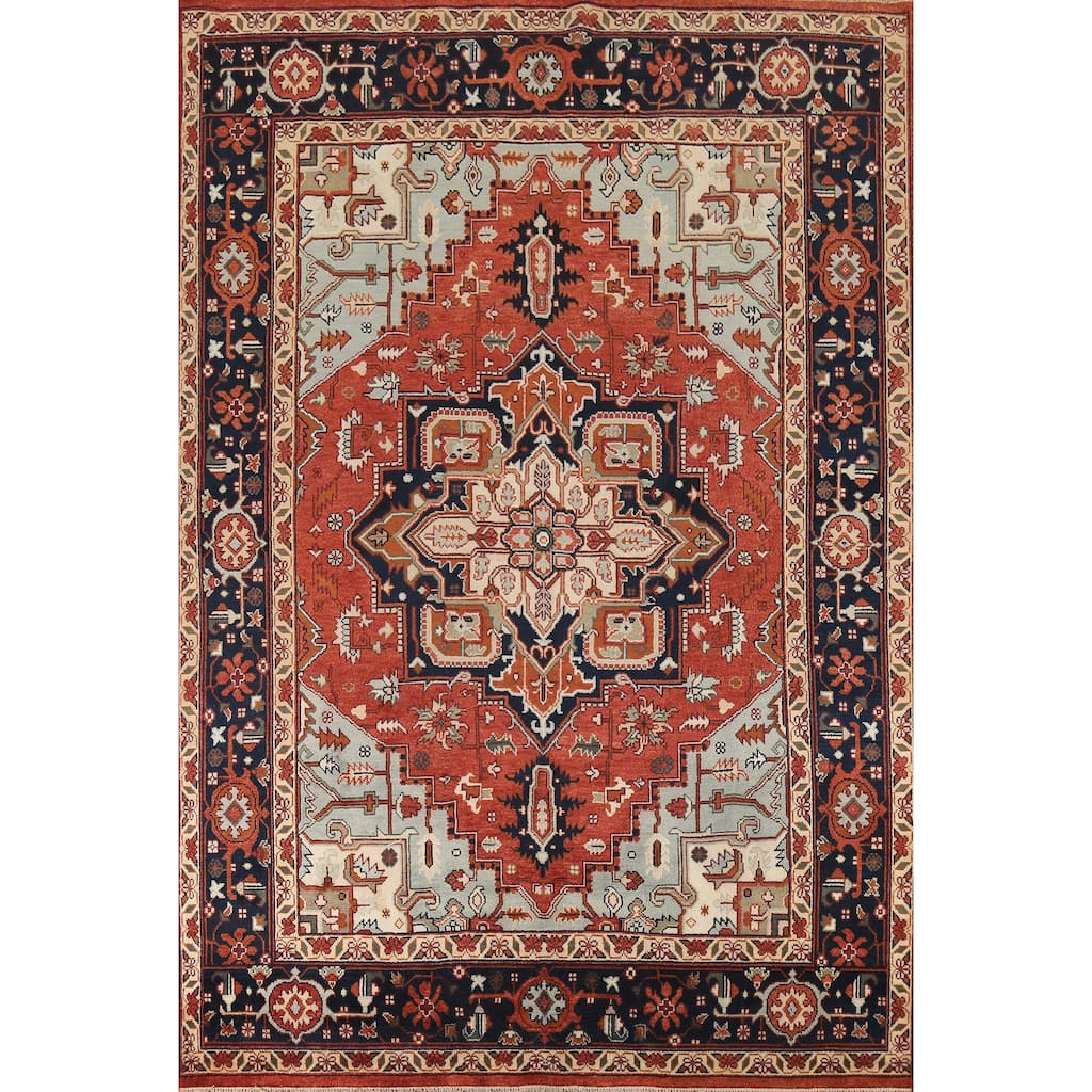Geometric Heriz Serapi Indian Area Rug Handmade Orange Wool Carpet - 8'11"x 11'9"