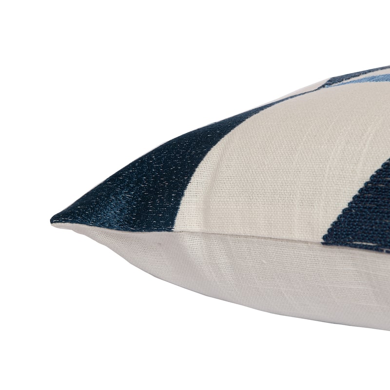 HomeRoots 24" Ivory and Blue Geometric Cotton Blend Throw Pillow With Embroidery