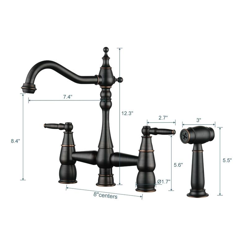 WOWOW 4 Hole Double Handle Bridge Kitchen Faucet with Side Sprayer