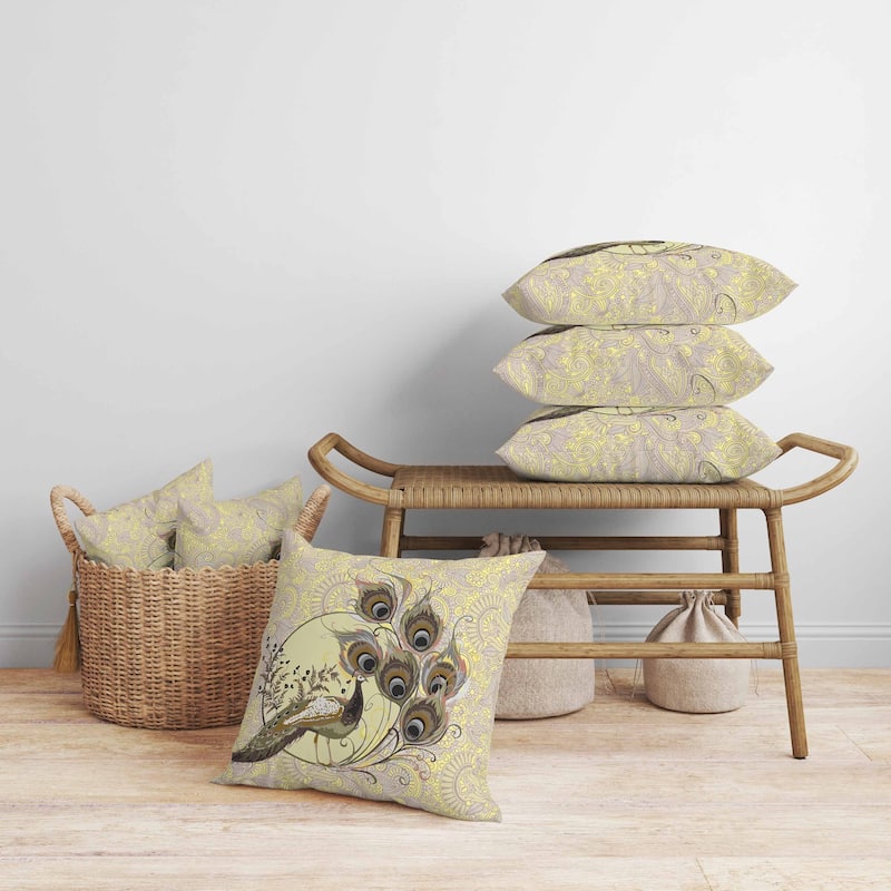 Paisley Peacock Dreams Faux Suede Reversible Throw Pillow Yellow and Cream