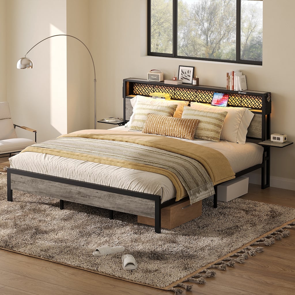 Platform Bed with LED Upholstered Storage Headboard Charge Station Foldable Bedside Shelf