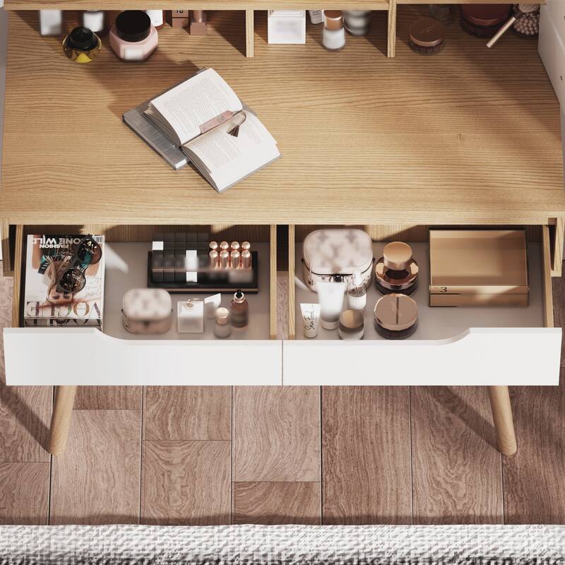 Makeup Vanity Desk with 3 Adjustable Lighted Mirror with Solid Wood,Dressing Table Set with 4 Drawers and 3 Open Shelves