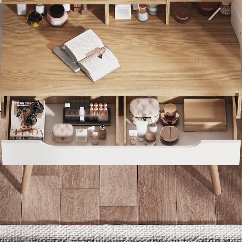 Makeup Vanity Desk with 3 Adjustable Lighted Mirror with solid wood table feet, Dressing Table Set