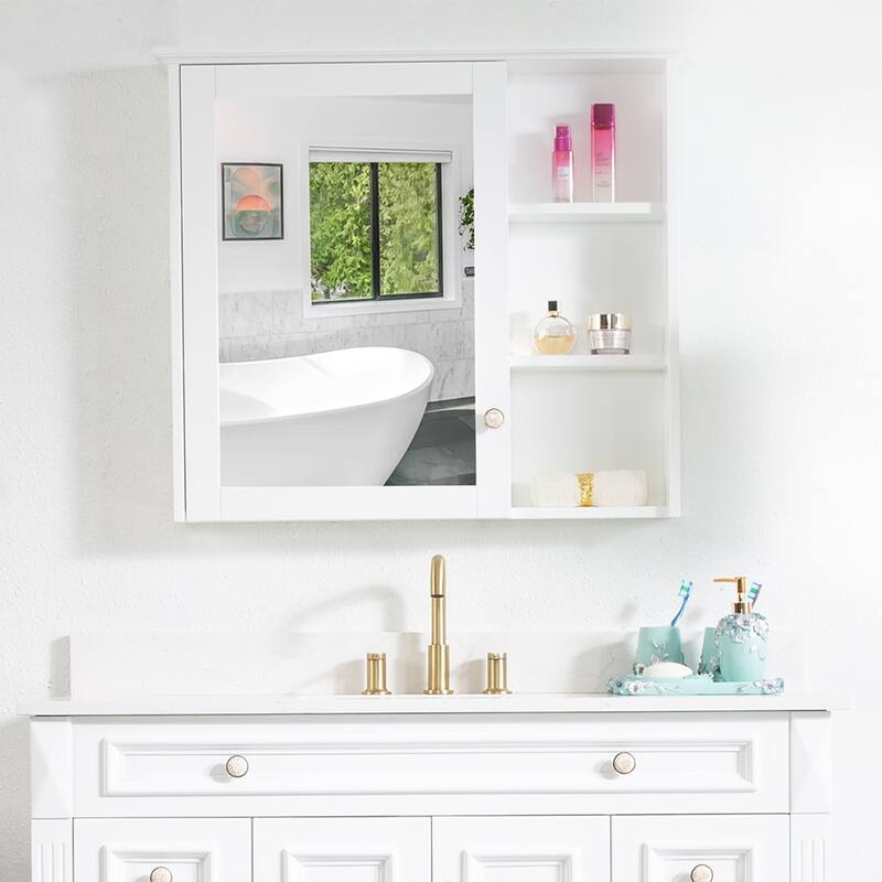 Modern Surface Mount Solid Wood Framed Medicine Cabinet With Mirror and Shelves - White-34'' W