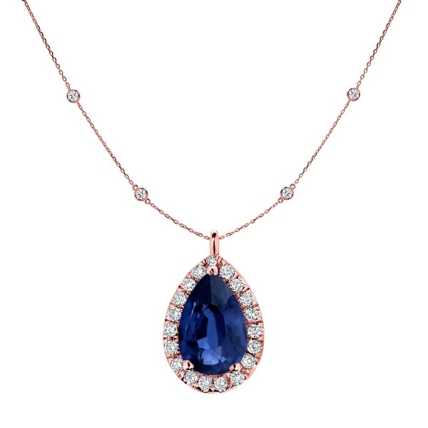 Auriya 14k Gold 1ct Pear-cut Sapphire and Halo Diamond Chain Station Necklace 1 3/5ct TDW