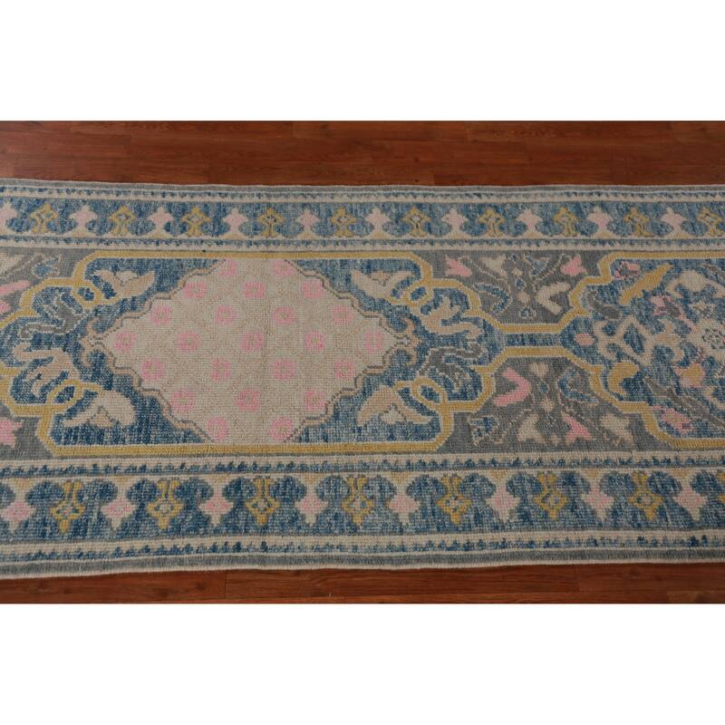 Hand Knotted Oriental 100% Wool Carpet Transitional Geometric Greys & Charcoal Oushak Runner Rug - 14' 1'' X 3' 2''