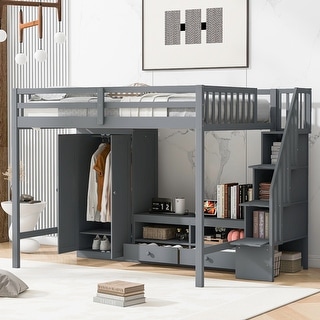 Gray Full Size Solid Wood Loft Bed with Wardrobe and Storage Table