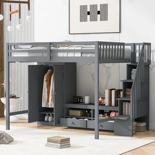 Wood Full Size Loft Bed with Wardrobe, Low Storage Table and Storage Staircase