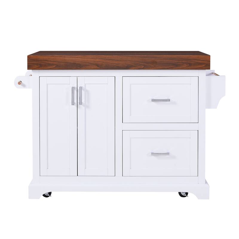 53" Large Kitchen Island with 3.5" Thick Desktop, Spice and Towel Racks, Kitchen Island with Storage on 5 Wheels, 2 Drawers