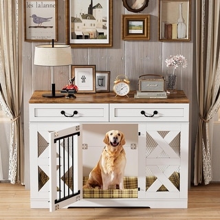 View of Large Dog Crate Furniture - Dog Kennel with Drawers Storage and Locks ...
