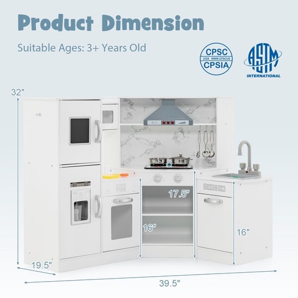 Corner Kids Play Kitchen Set with Lights, Ice Maker, Dishwasher