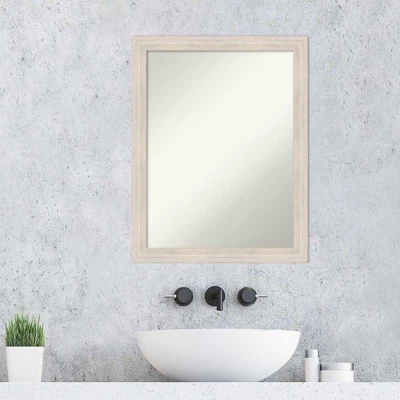 Non-Beveled Wood Bathroom Wall Mirror - Hardwood Whitewash Narrow Frame