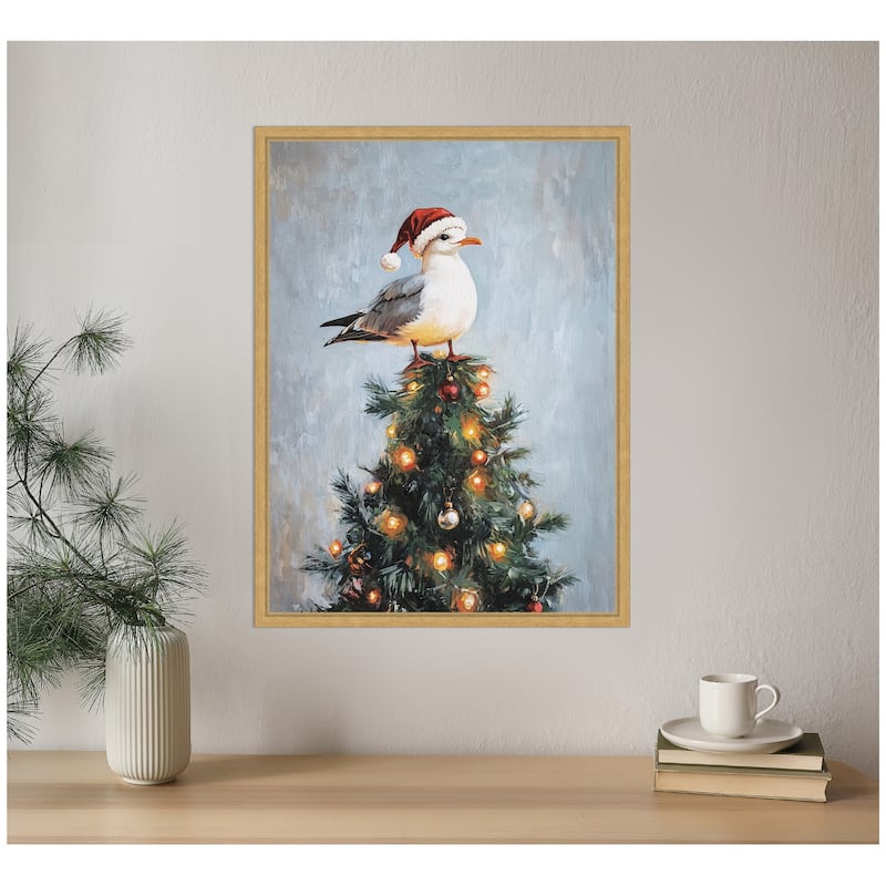 Kate and Laurel Framed Canvas Seagull Santa Hat Festive Holiday Tree by The Creative Bunch Studio