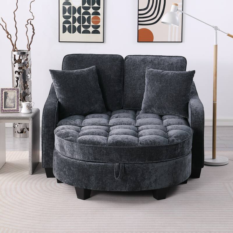 Two-Seater Chaise Lounge with Storage Footrest and Pillows, Irregular Armrest Design