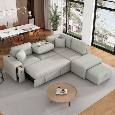 86.6" L-Shape Sleeper Sectional, Ottoman, USB, Cup Holders Included